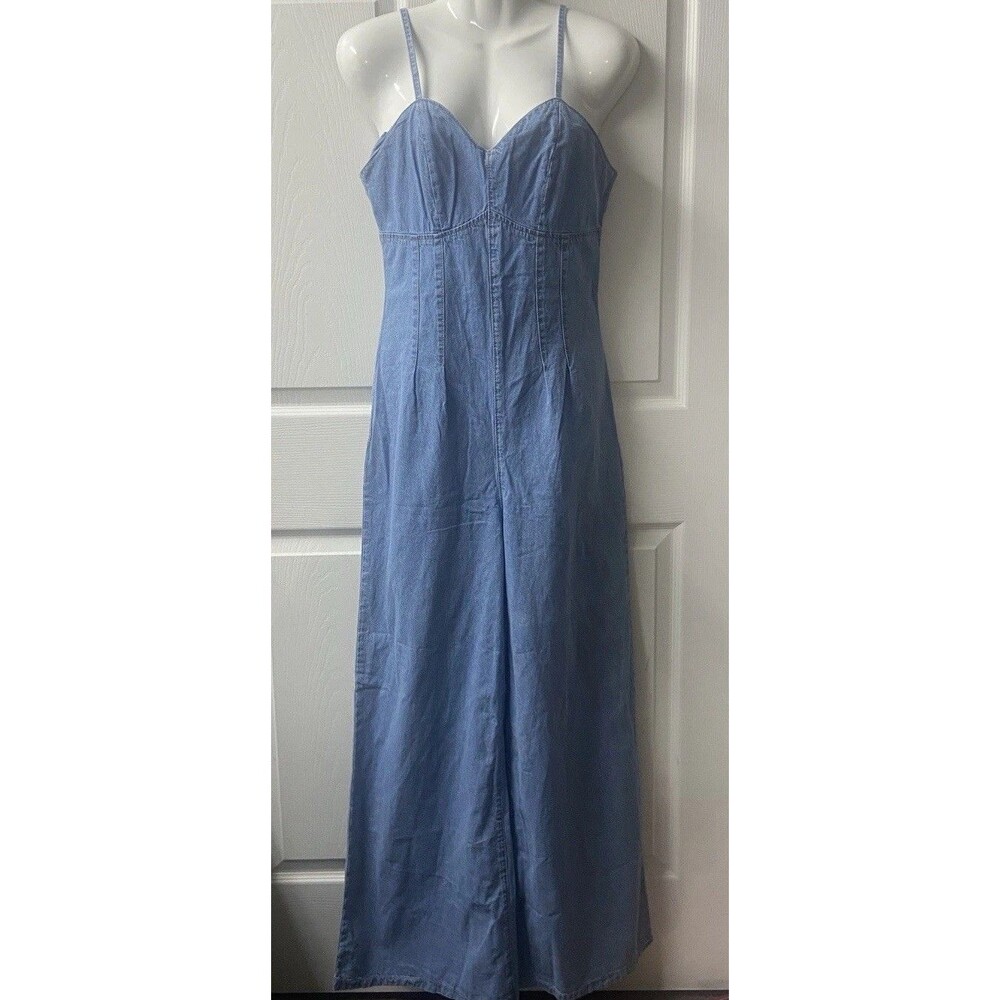 Shein Denim Overalls Sweetheart Neckline Women Medium Blue Back Zip Wide Leg EUC